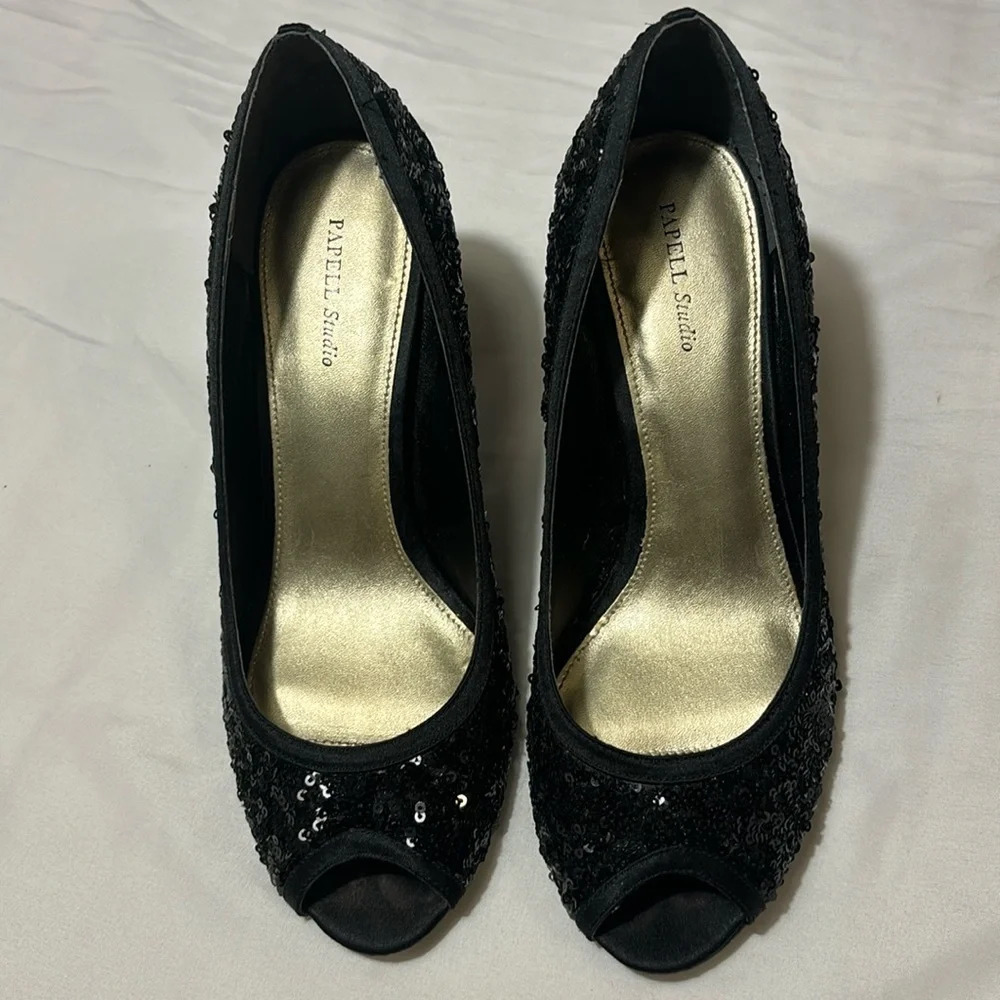 Papell Studio Peep Toe Heels Size 8 Mesh Satin Sequin 3 Inch Heels Black - Picture 3 of 9